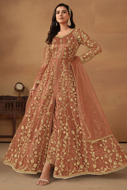 Rust Brown Net Full Length Anarkali Dress with Front Slit For Indian Festivals & Weddings - Thread & Sequence Embroidery Work