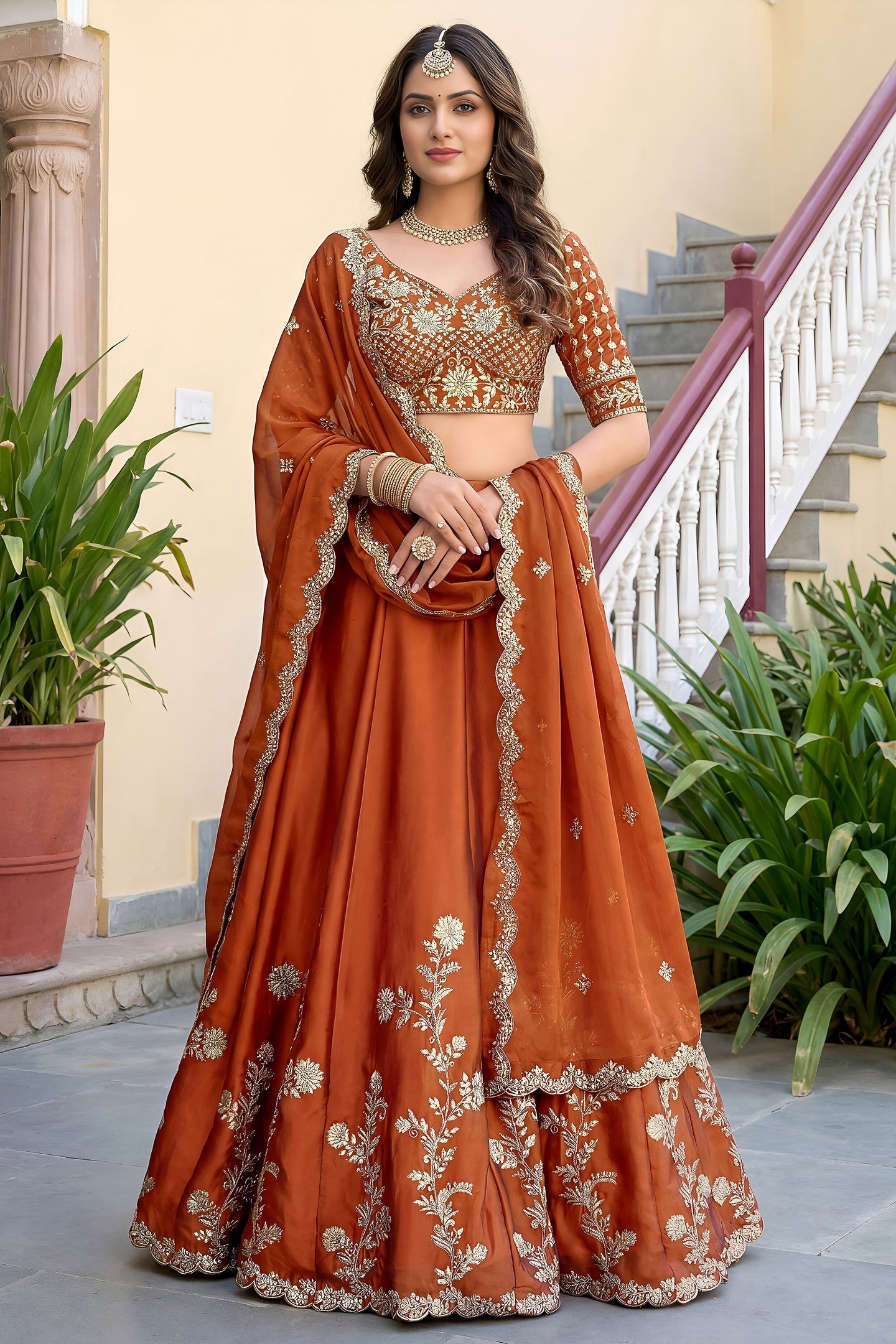 Rust Colour Rangoli Silk Wedding Lengha for Women with Zari and Sequins Work