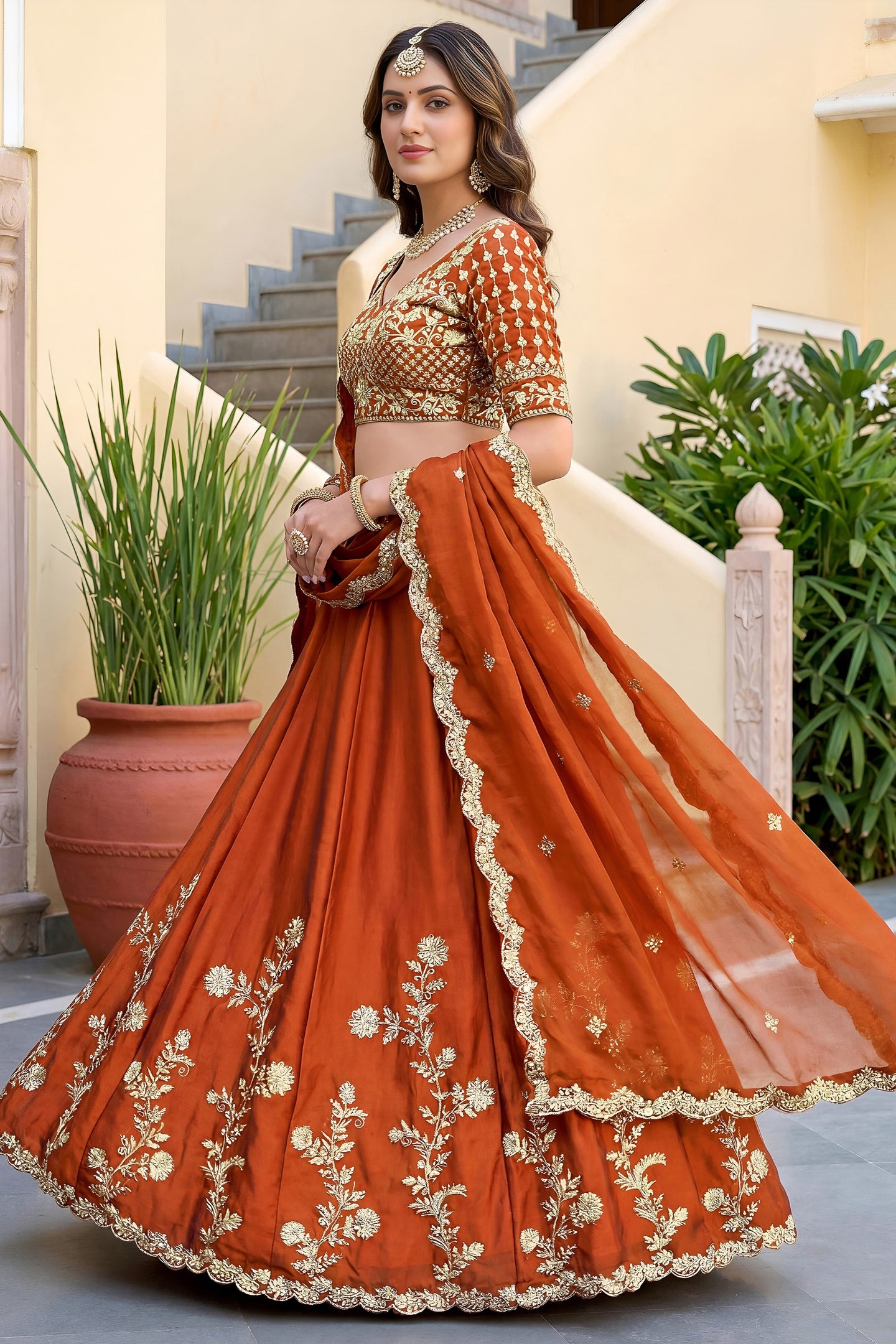 Rust Colour Rangoli Silk Wedding Lengha for Women with Zari and Sequins Work