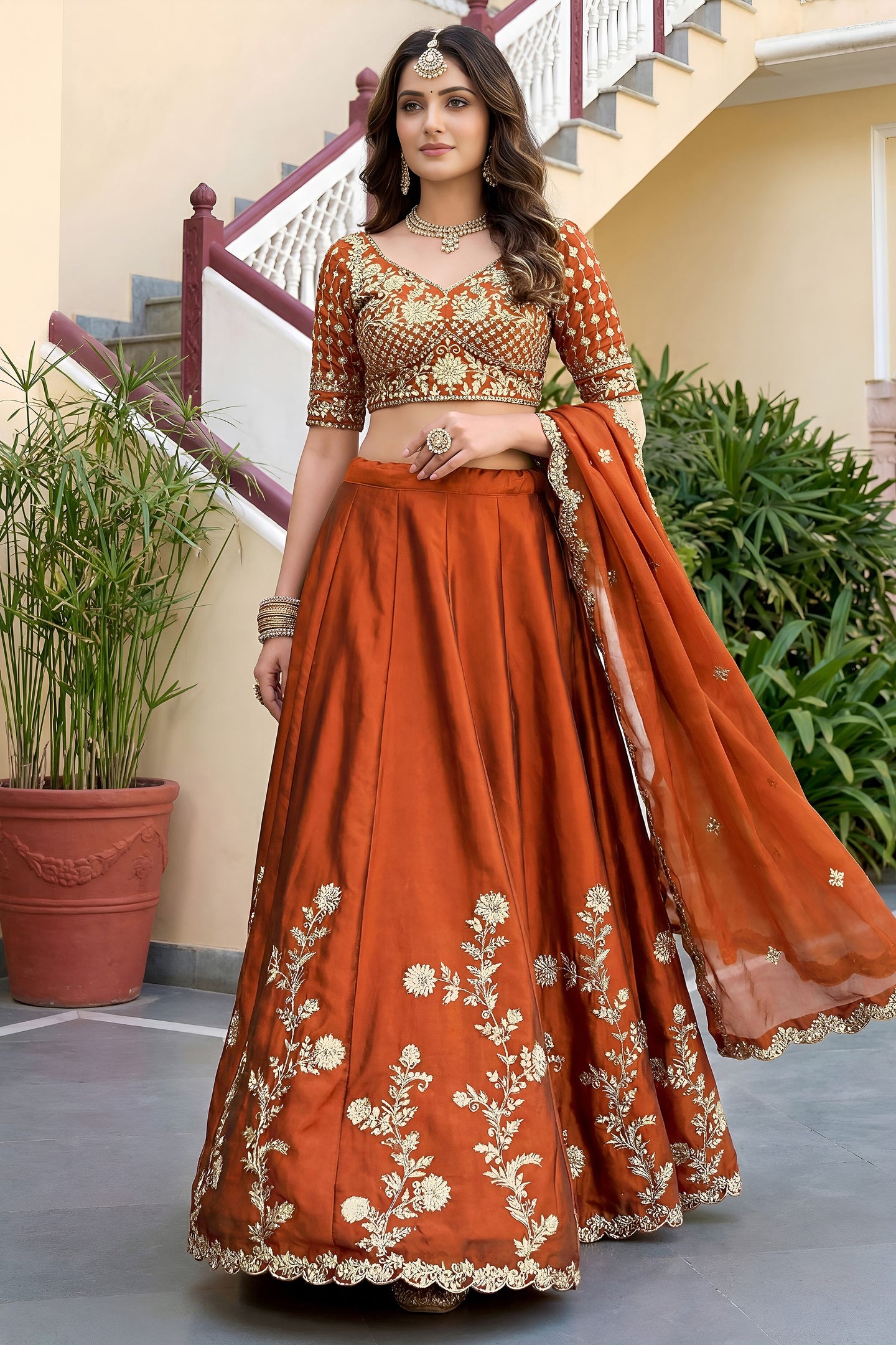 Rust Colour Rangoli Silk Wedding Lengha for Women with Zari and Sequins Work