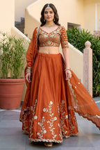 Rust Colour Rangoli Silk Wedding Lengha for Women with Zari and Sequins Work