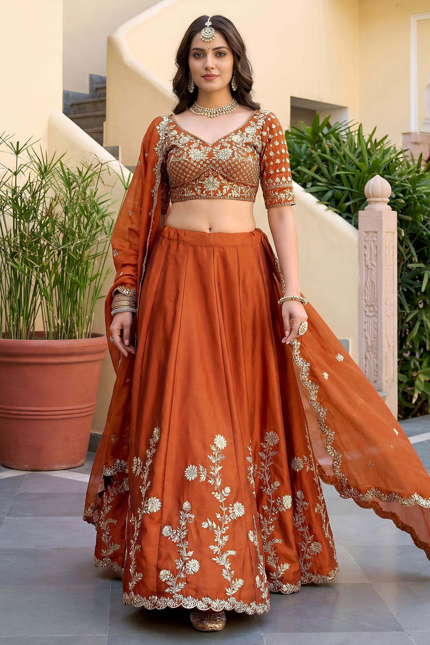 Rust Colour Rangoli Silk Wedding Lengha for Women with Zari and Sequins Work