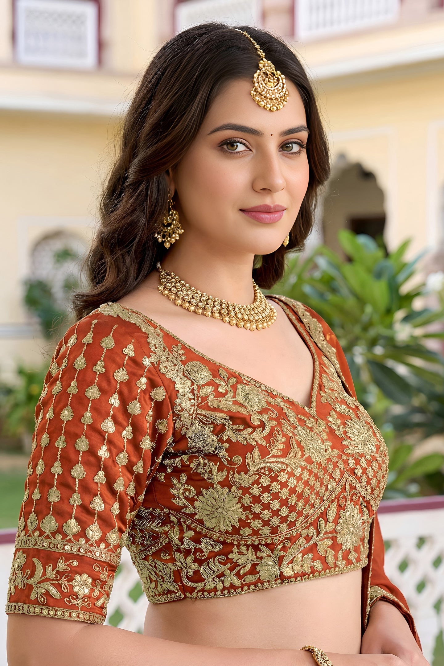 Rust Colour Rangoli Silk Wedding Lengha for Women with Zari and Sequins Work