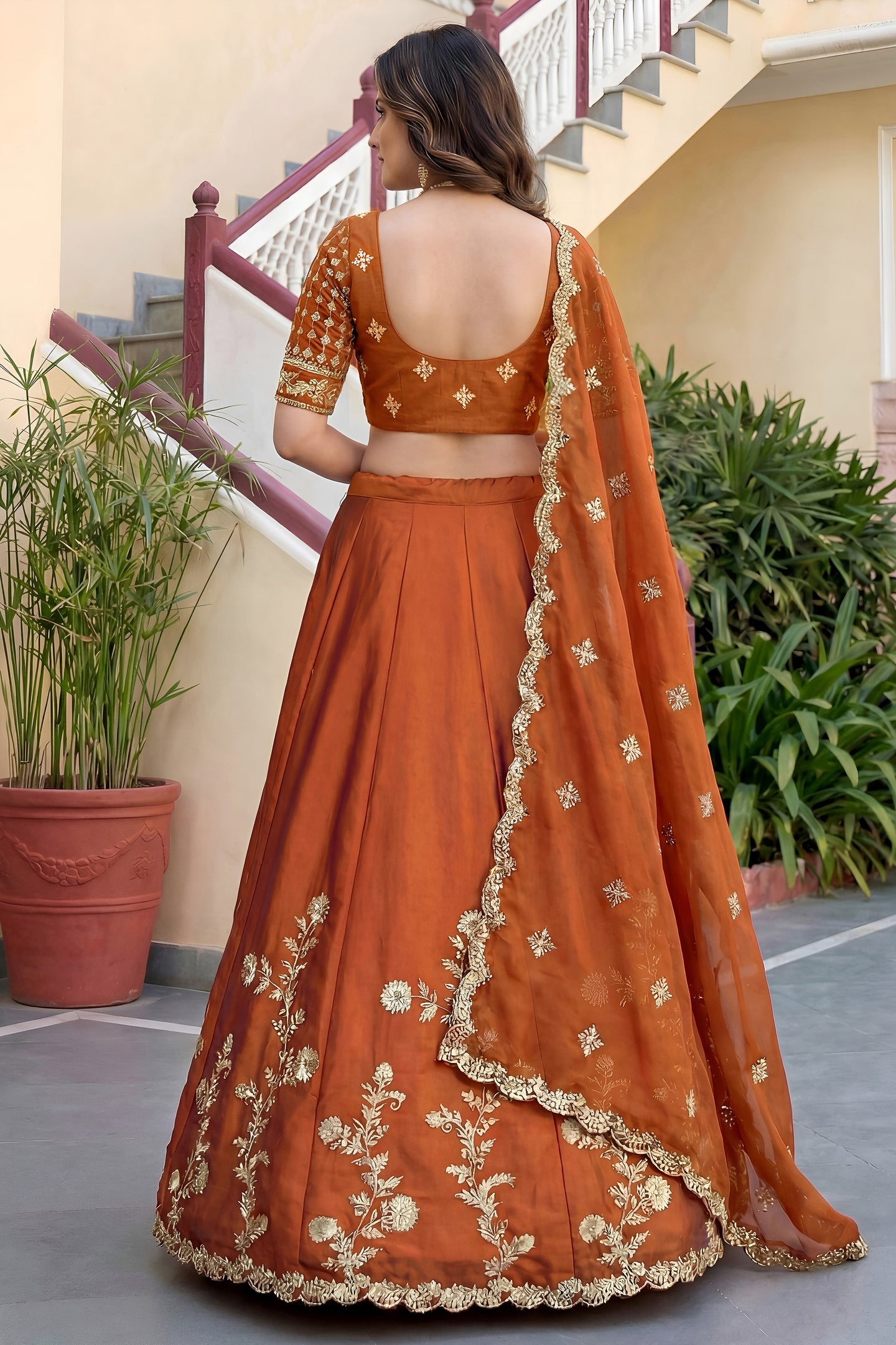 Rust Colour Rangoli Silk Wedding Lengha for Women with Zari and Sequins Work