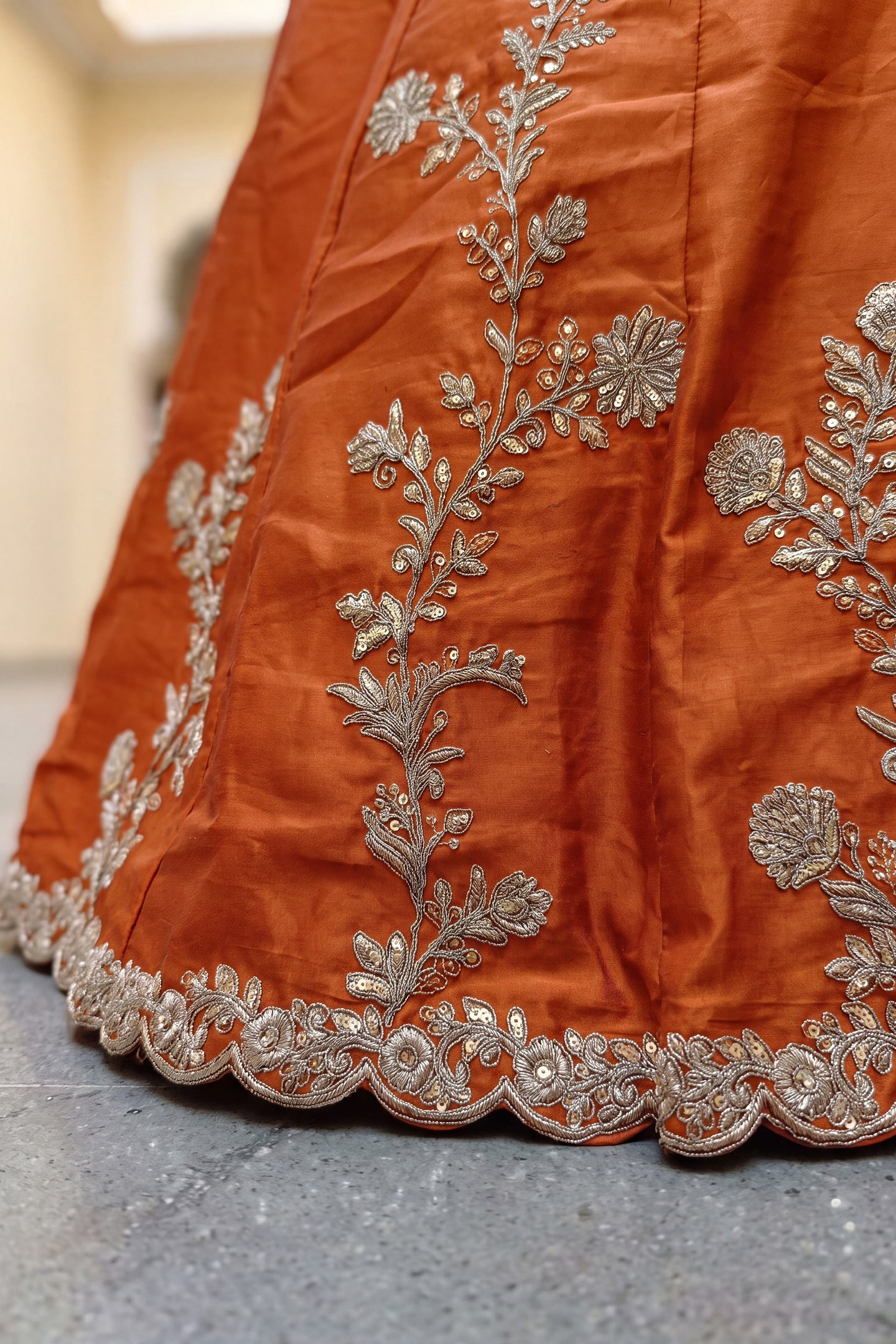 Rust Colour Rangoli Silk Wedding Lengha for Women with Zari and Sequins Work