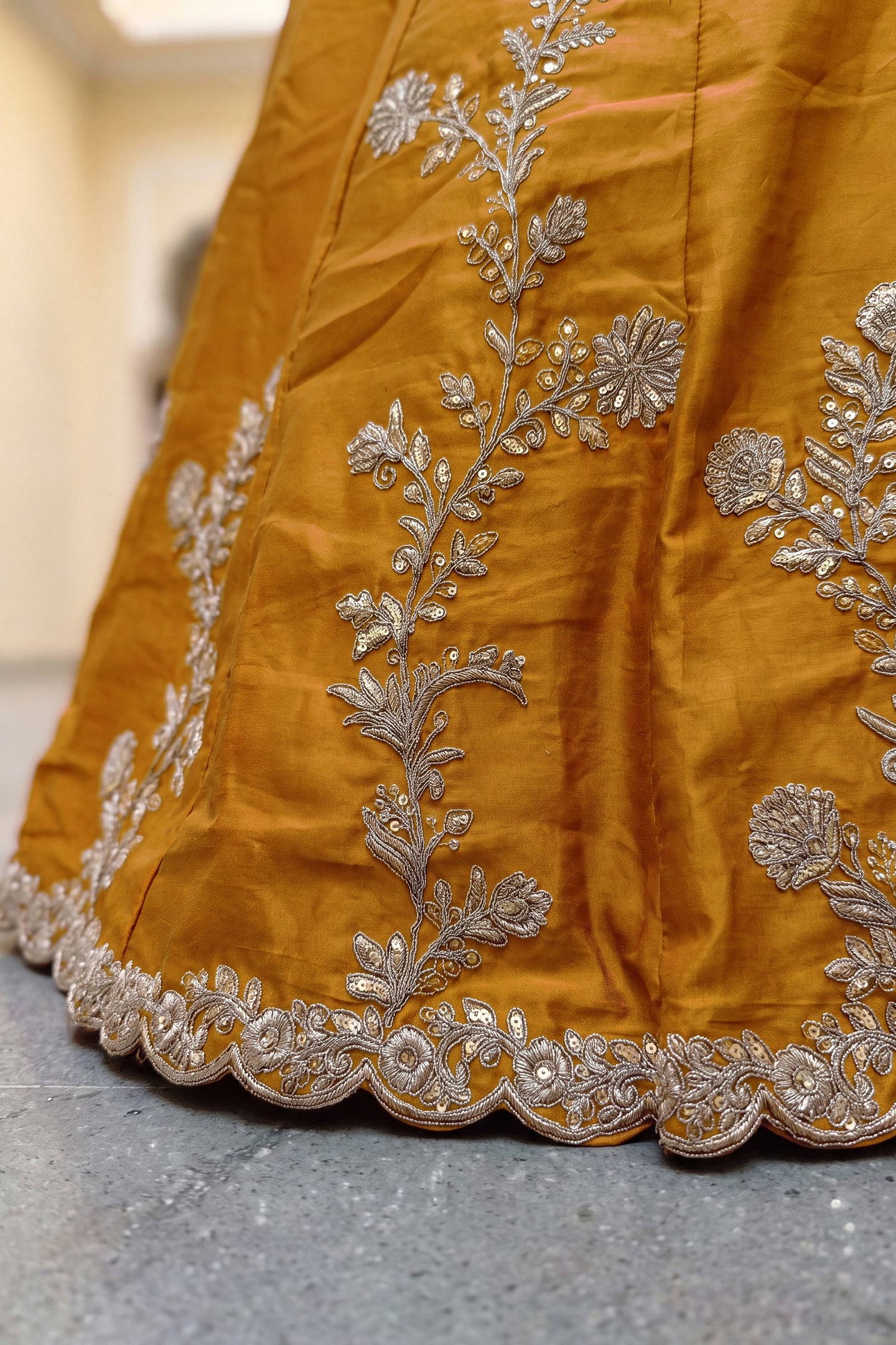 Rusty Yellow Rangoli Silk Wedding Lengha for Women with Zari and Sequins Work