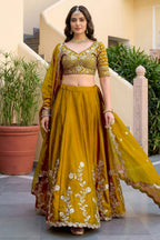 Rusty Yellow Rangoli Silk Wedding Lengha for Women with Zari and Sequins Work