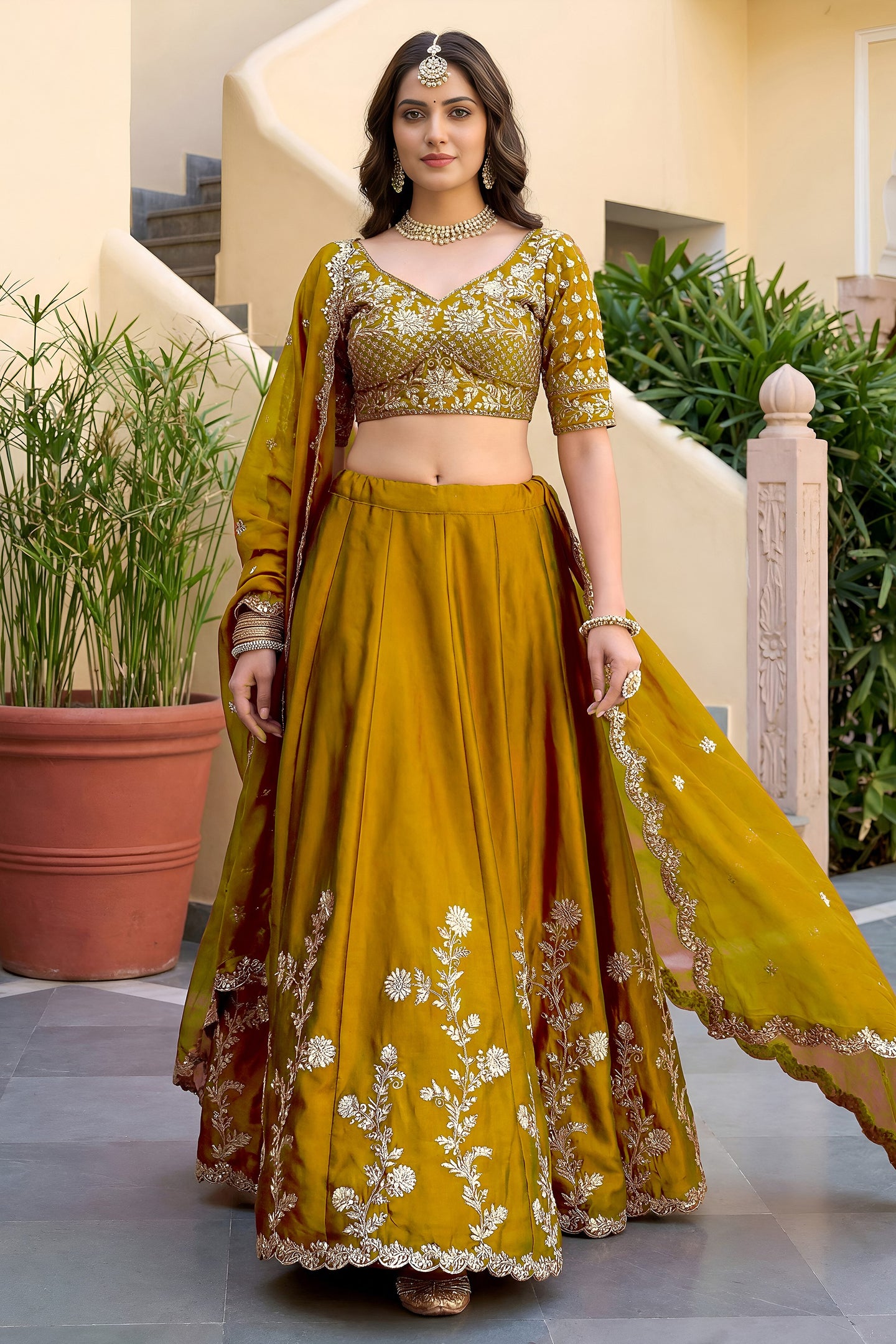 Rusty Yellow Rangoli Silk Wedding Lengha for Women with Zari and Sequins Work