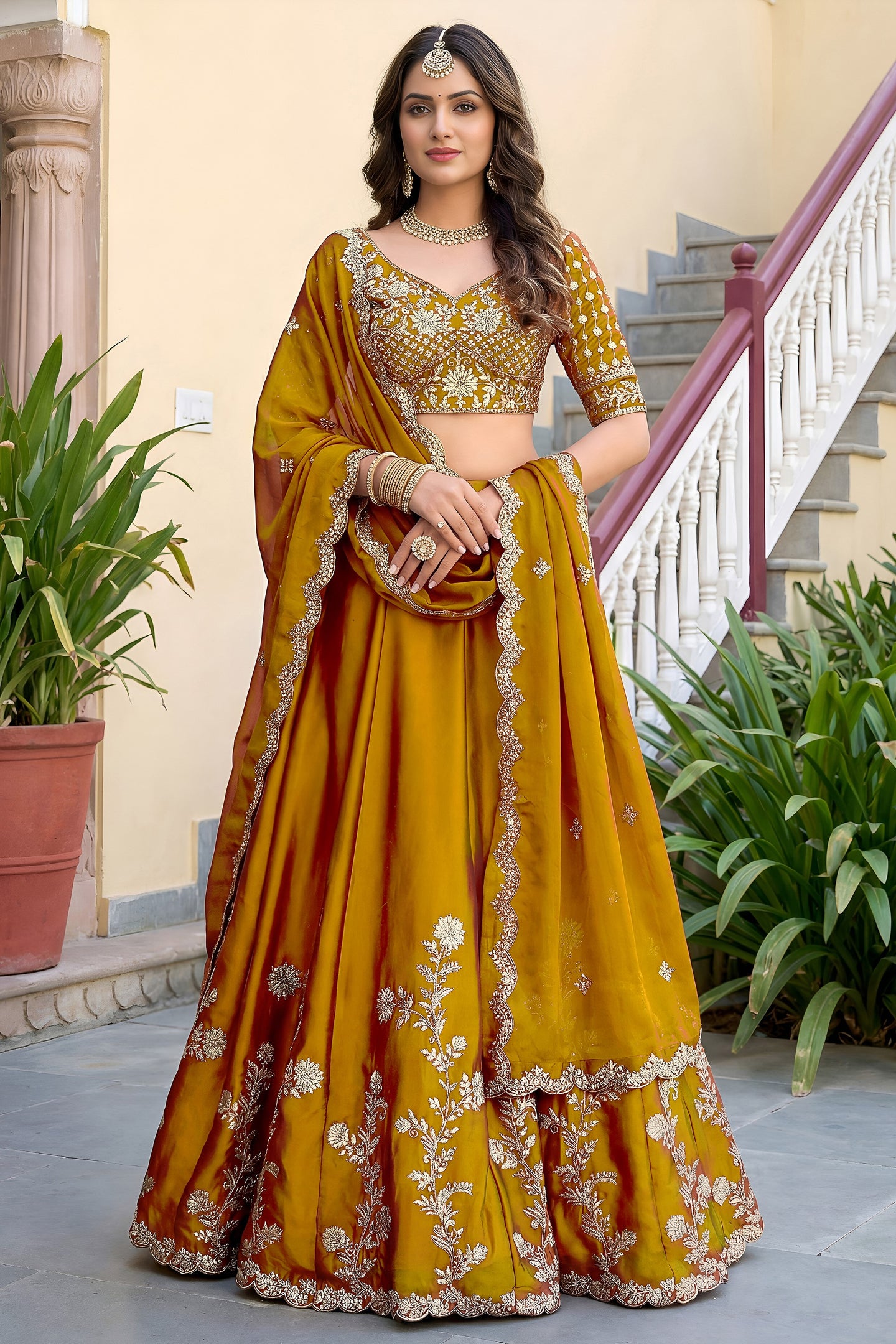 Rusty Yellow Rangoli Silk Wedding Lengha for Women with Zari and Sequins Work