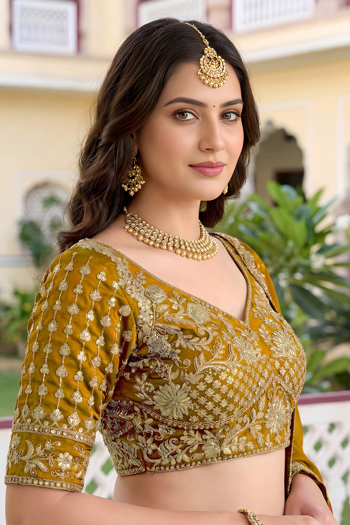 Rusty Yellow Rangoli Silk Wedding Lengha for Women with Zari and Sequins Work