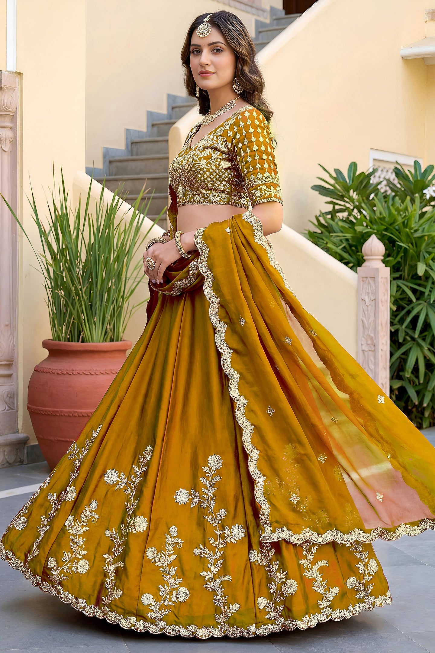 Rusty Yellow Rangoli Silk Wedding Lengha for Women with Zari and Sequins Work