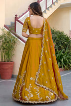 Rusty Yellow Rangoli Silk Wedding Lengha for Women with Zari and Sequins Work