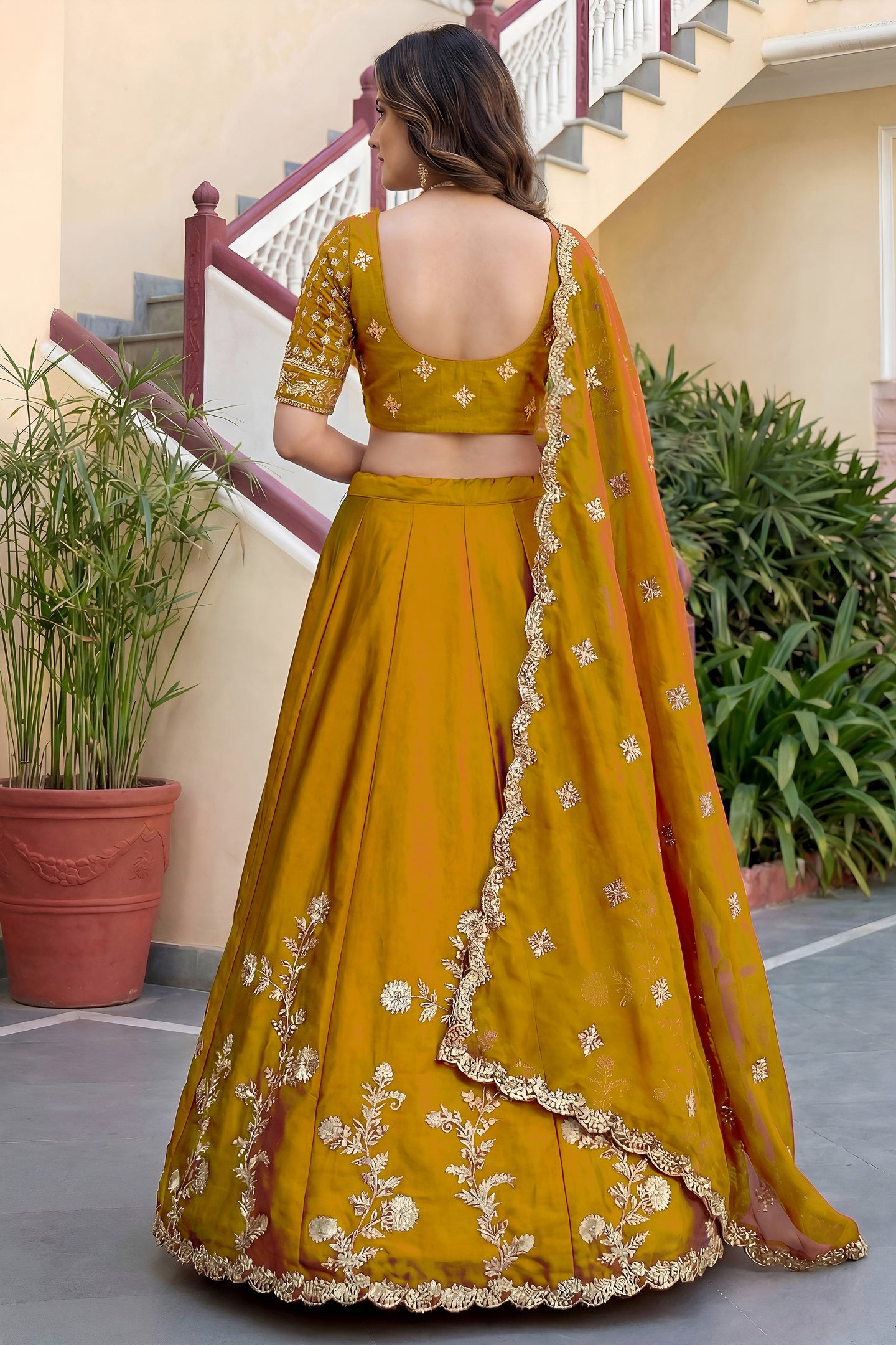 Rusty Yellow Rangoli Silk Wedding Lengha for Women with Zari and Sequins Work