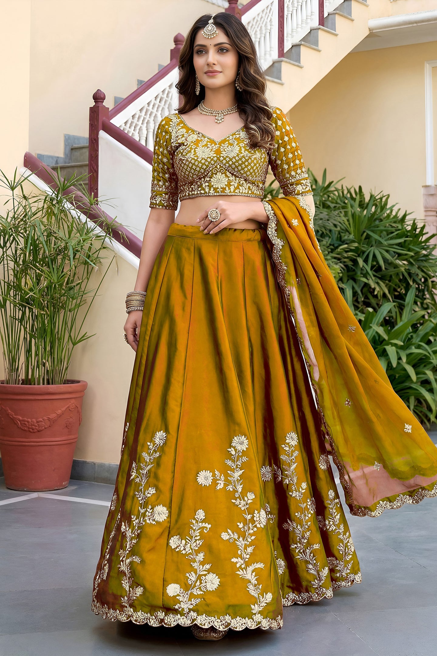 Rusty Yellow Rangoli Silk Wedding Lengha for Women with Zari and Sequins Work