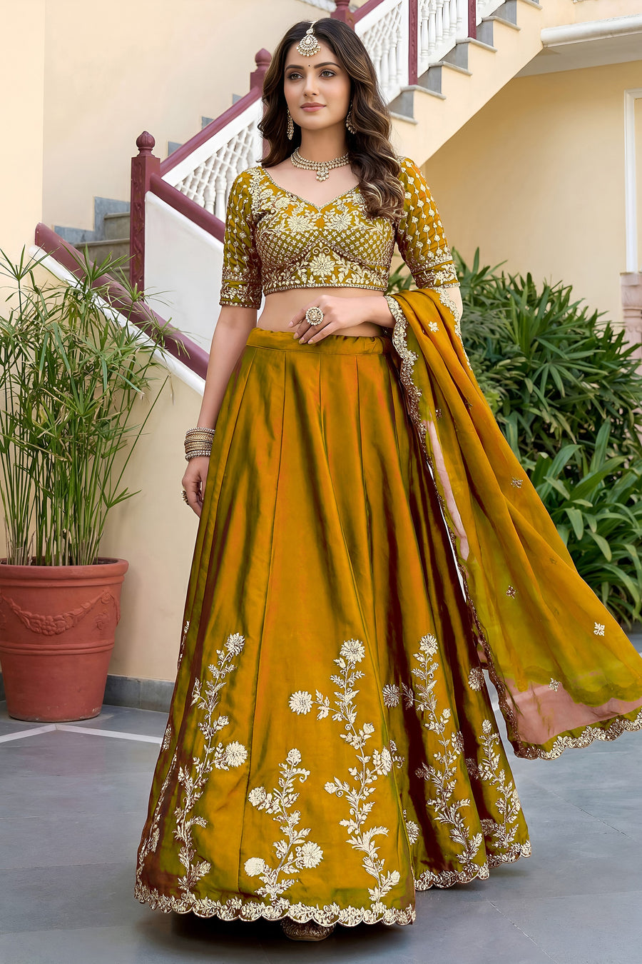 Rusty Yellow Rangoli Silk Wedding Lengha for Women with Zari and Sequins Work