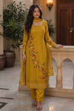 Rusty Yellow Georgette Suits for Indian & Pakistani Wedding Festival - Sequins & Thread Embroidery Work