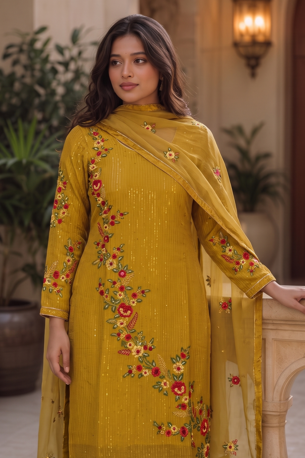 Rusty Yellow Georgette Suits for Indian & Pakistani Wedding Festival - Sequins & Thread Embroidery Work