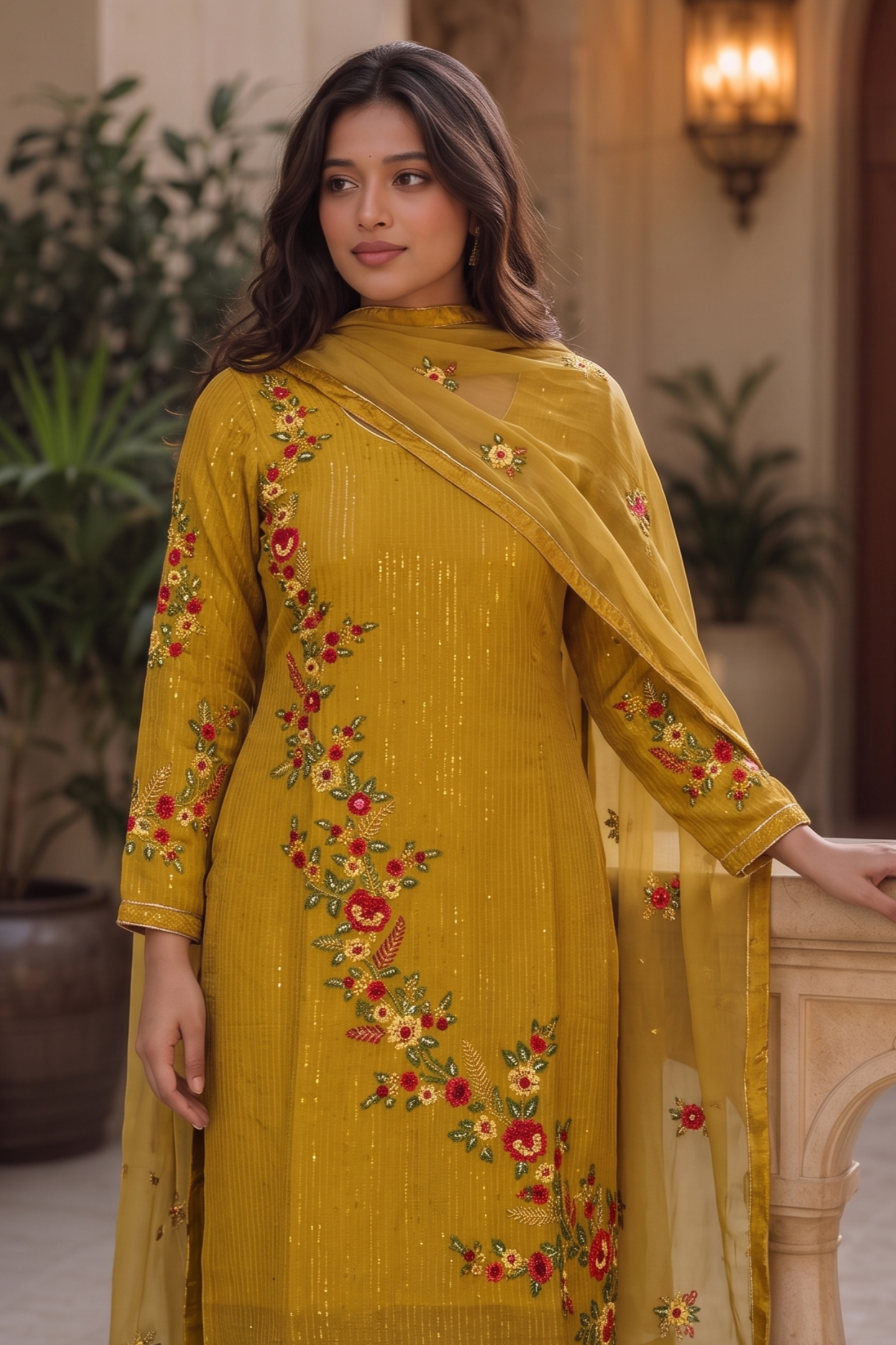 Rusty Yellow Georgette Suits for Indian & Pakistani Wedding Festival - Sequins & Thread Embroidery Work