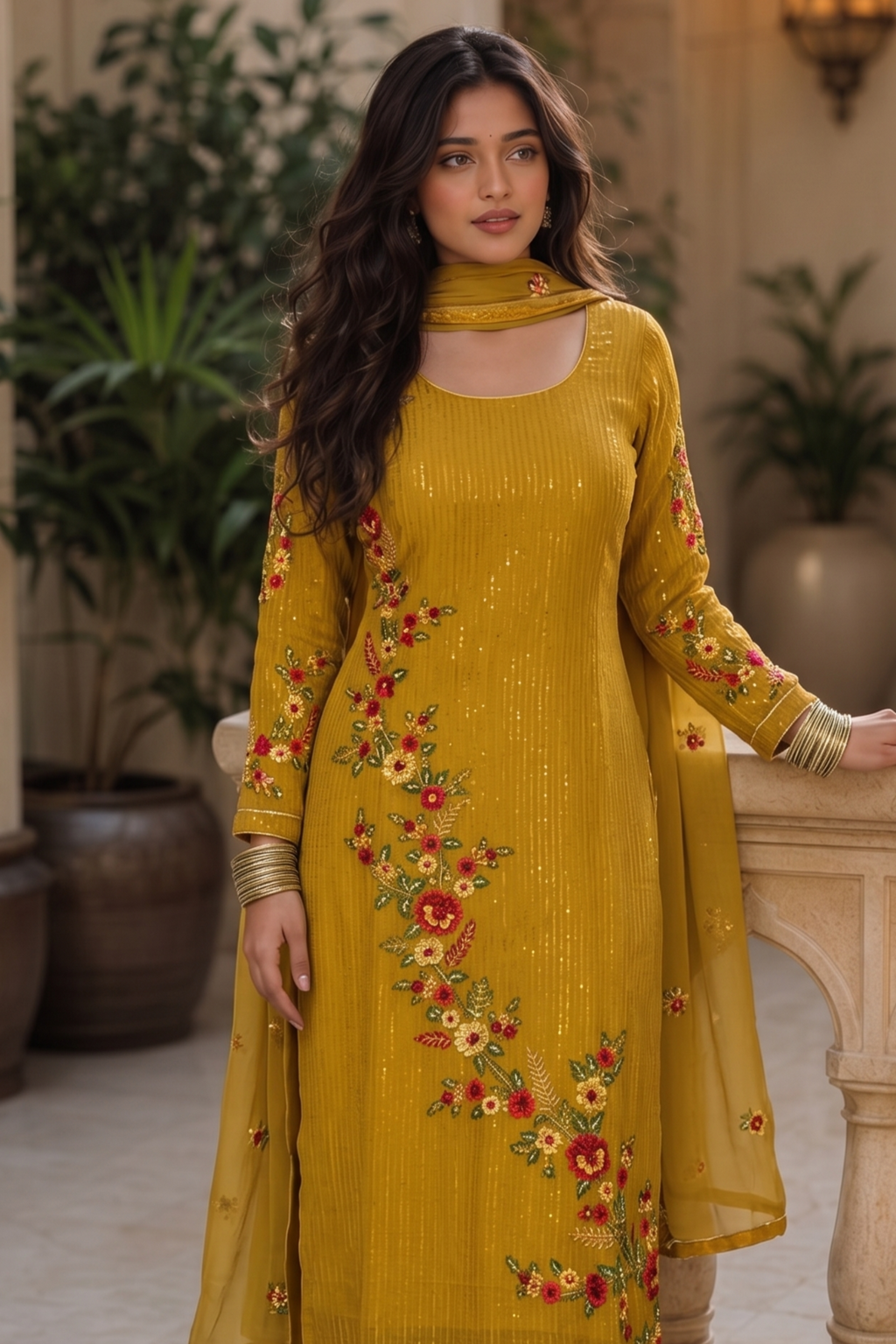 Rusty Yellow Georgette Suits for Indian & Pakistani Wedding Festival - Sequins & Thread Embroidery Work