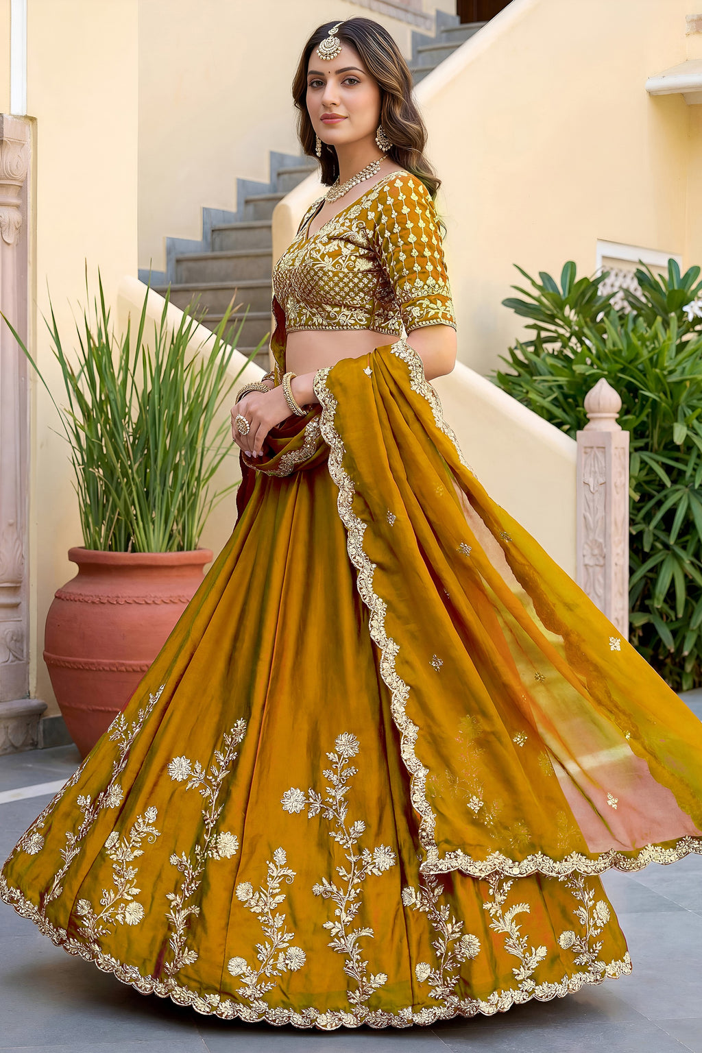 Rusty Yellow Rangoli Silk Wedding Lengha for Women with Zari and Sequins Work