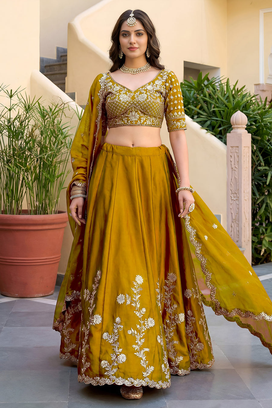 Rusty Yellow Rangoli Silk Wedding Lengha for Women with Zari and Sequins Work