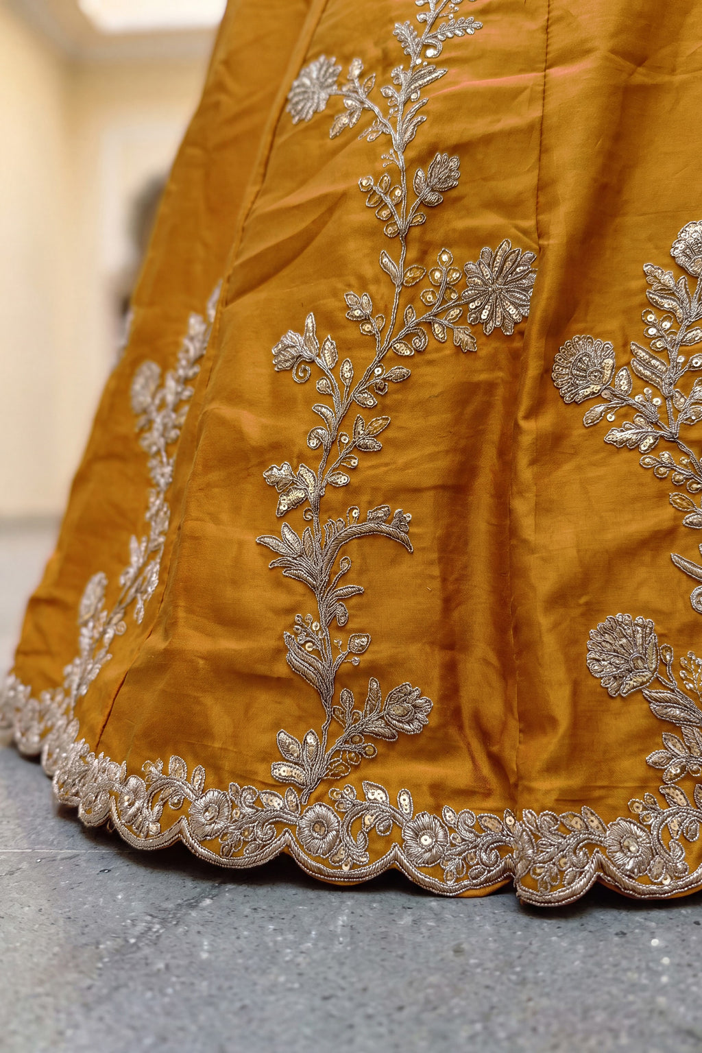 Rusty Yellow Rangoli Silk Wedding Lengha for Women with Zari and Sequins Work