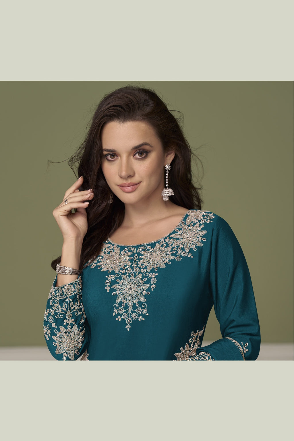 Dark teal kurta with skirt, face-to-waist view showing hand work embroidery on chinon silk kurta.