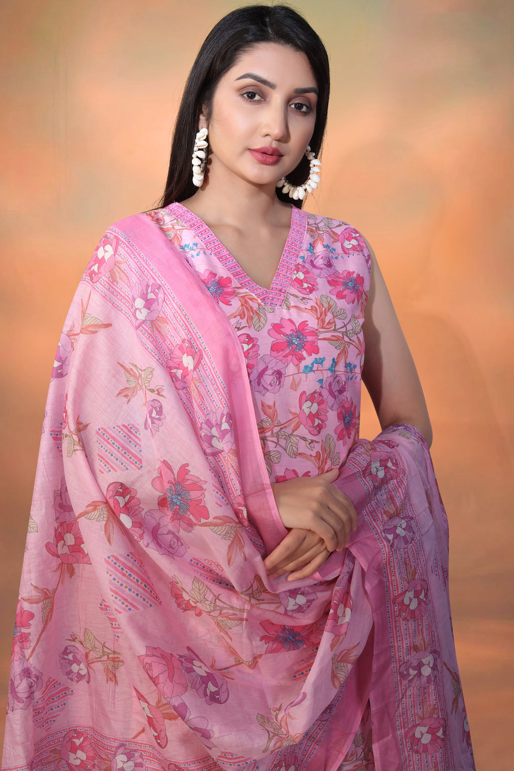 Light Pink Cambric Cotton Kameez With Pant For Ladies Indian Festivals & Weddings - Foil Print, Print Work