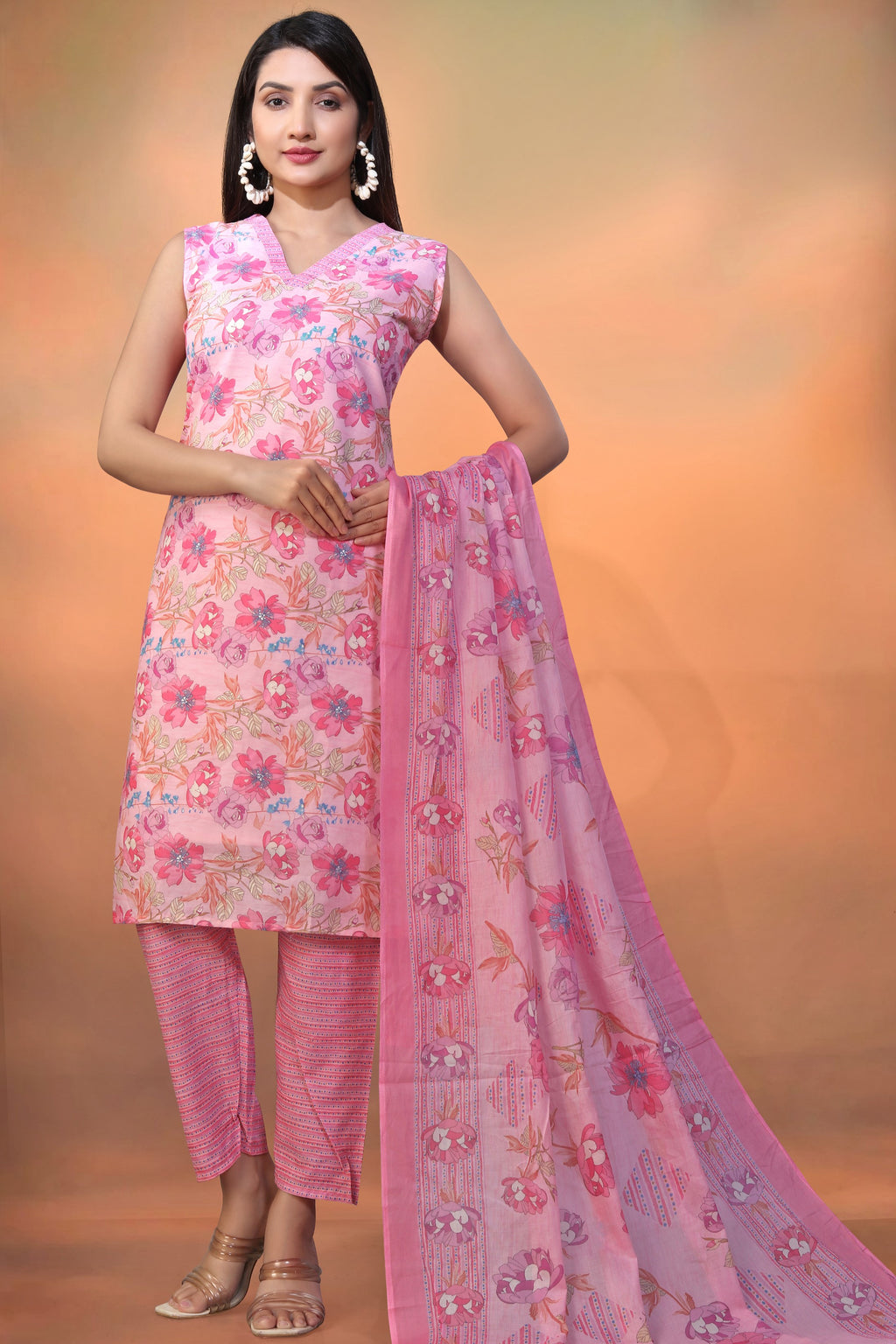 Light Pink Cambric Cotton Kameez With Pant For Ladies Indian Festivals & Weddings - Foil Print, Print Work