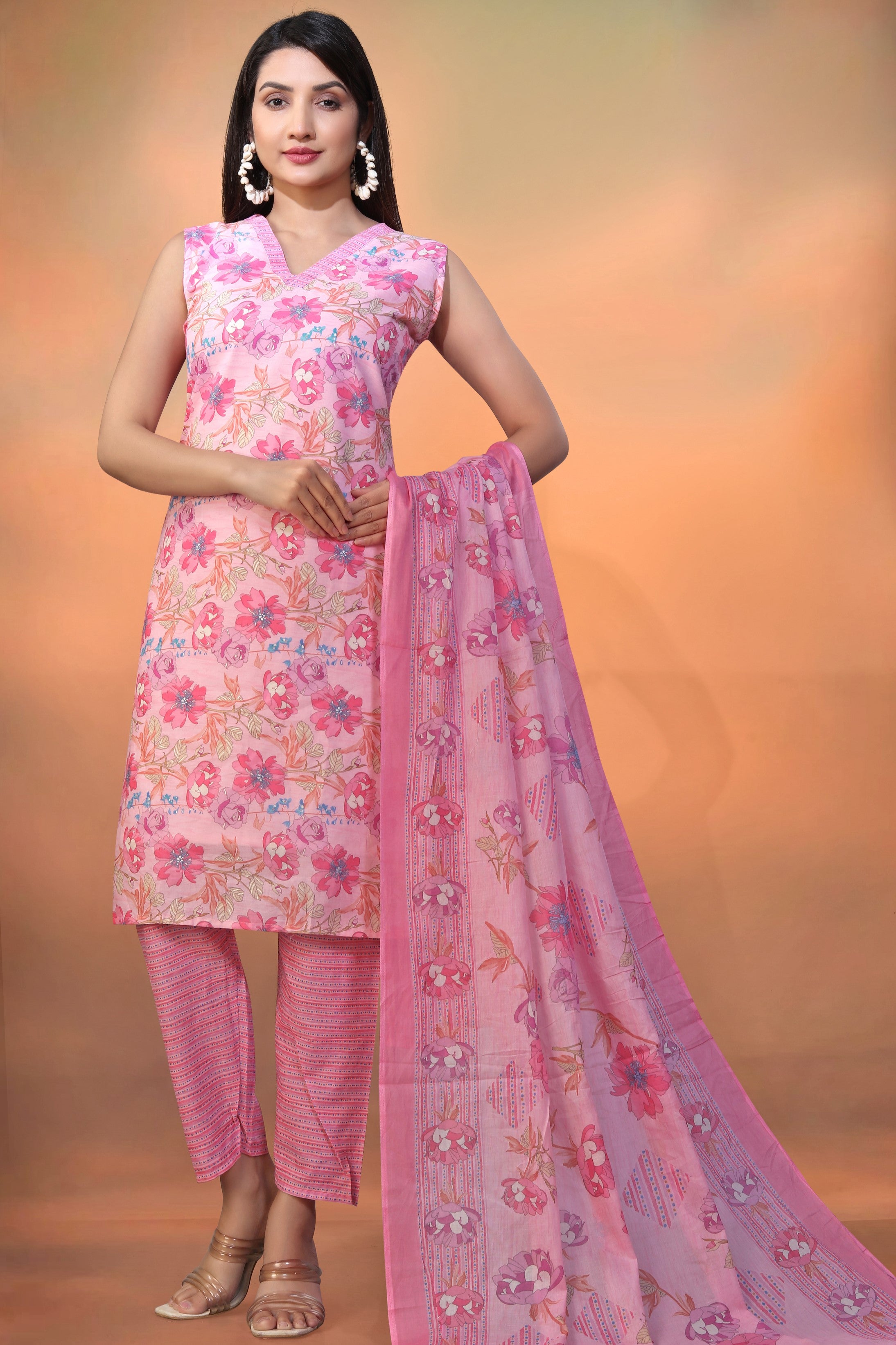Light Pink Cambric Cotton Kameez With Pant For Ladies Indian Festivals & Weddings - Foil Print, Print Work