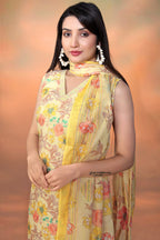 Light Yellow Cambric Cotton Kameez With Pant For Ladies Indian Festivals & Weddings - Foil Print, Print Work
