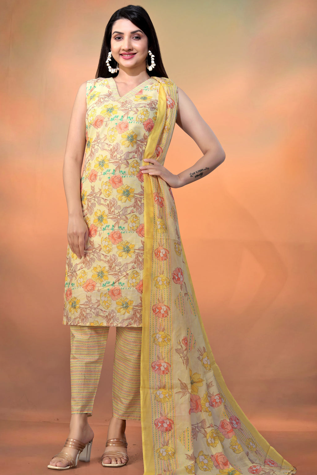 Light Yellow Cambric Cotton Kameez With Pant For Ladies Indian Festivals & Weddings - Foil Print, Print Work