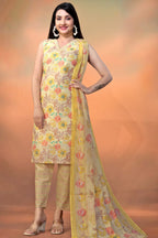 Light Yellow Cambric Cotton Kameez With Pant For Ladies Indian Festivals & Weddings - Foil Print, Print Work
