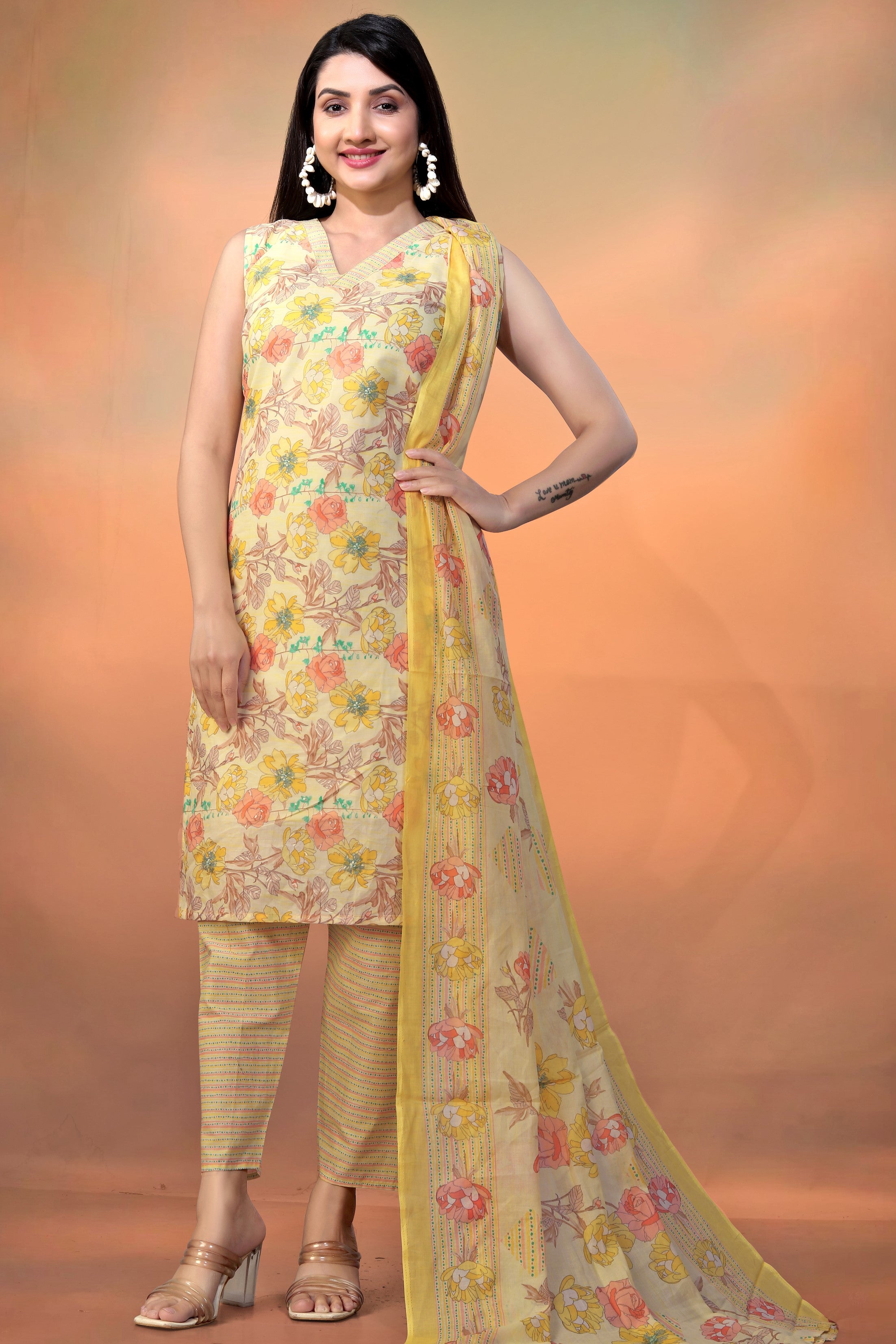 Light Yellow Cambric Cotton Kameez With Pant For Ladies Indian Festivals & Weddings - Foil Print, Print Work