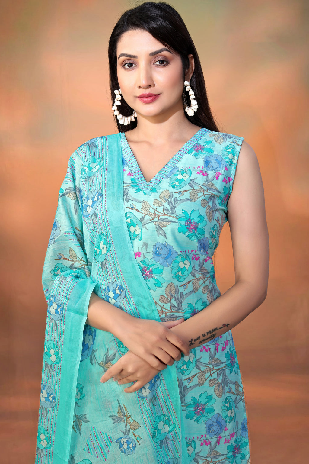 Light Blue Cambric Cotton Kameez With Pant For Ladies Indian Festivals & Weddings - Foil Print, Print Work