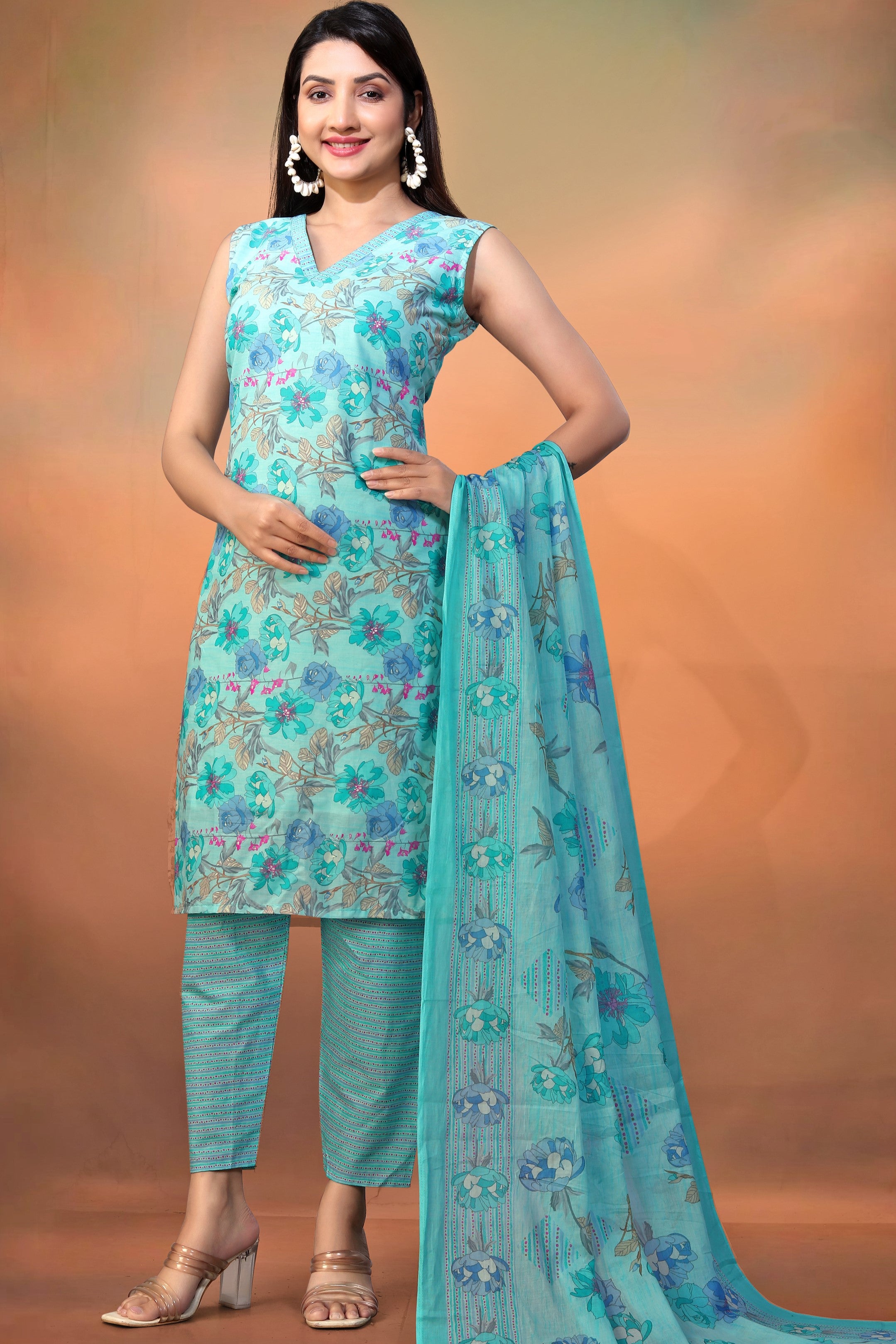 Light Blue Cambric Cotton Kameez With Pant For Ladies Indian Festivals & Weddings - Foil Print, Print Work