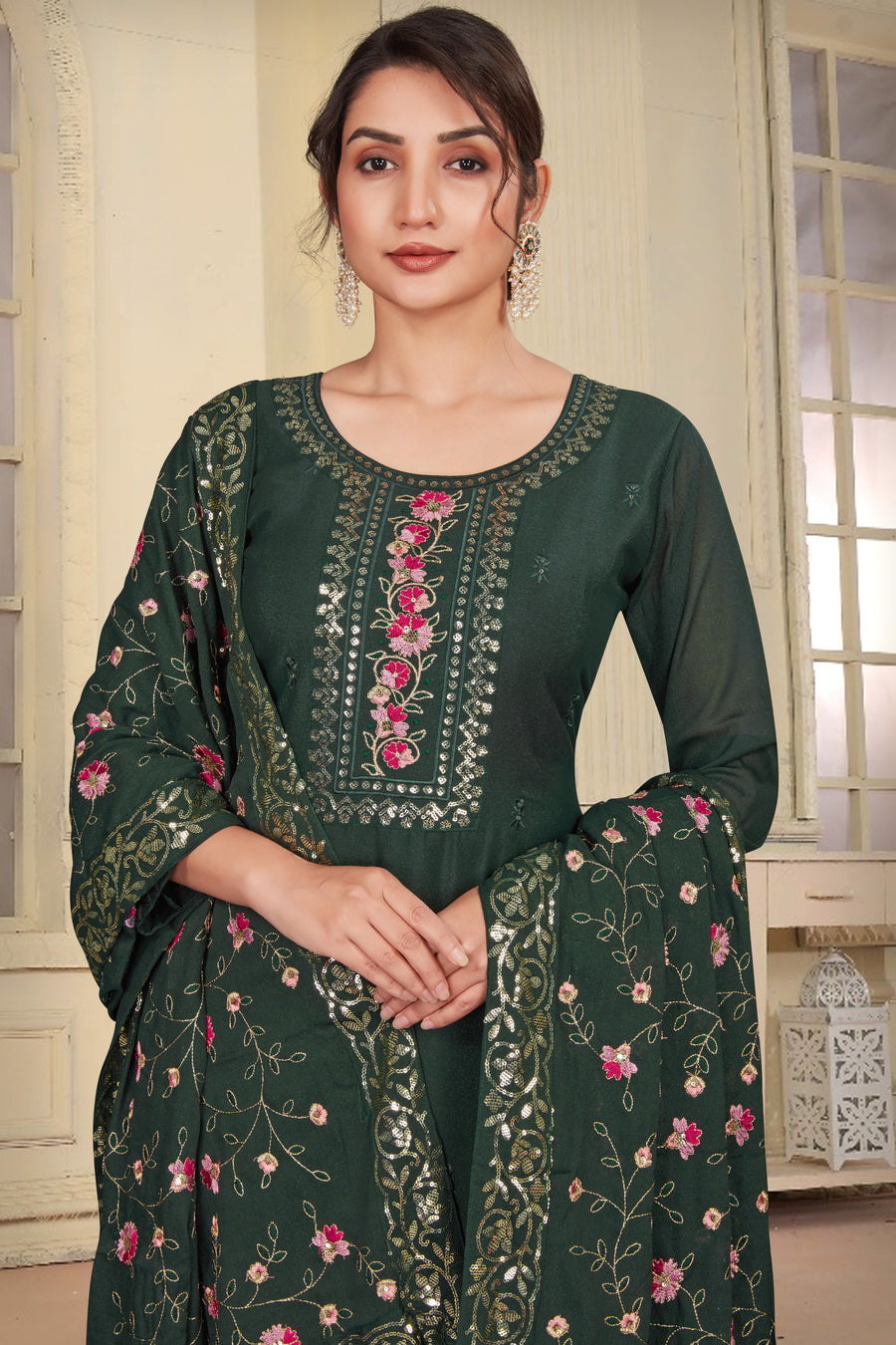 Dark Green Georgette Kameez With Pant For Ladies Indian Festivals & Weddings -Embroidery Work