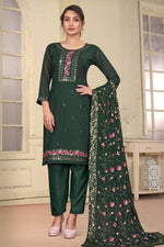 Green Georgette Kameez With Pant For Ladies Indian Festivals & Weddings - Embroidery Work