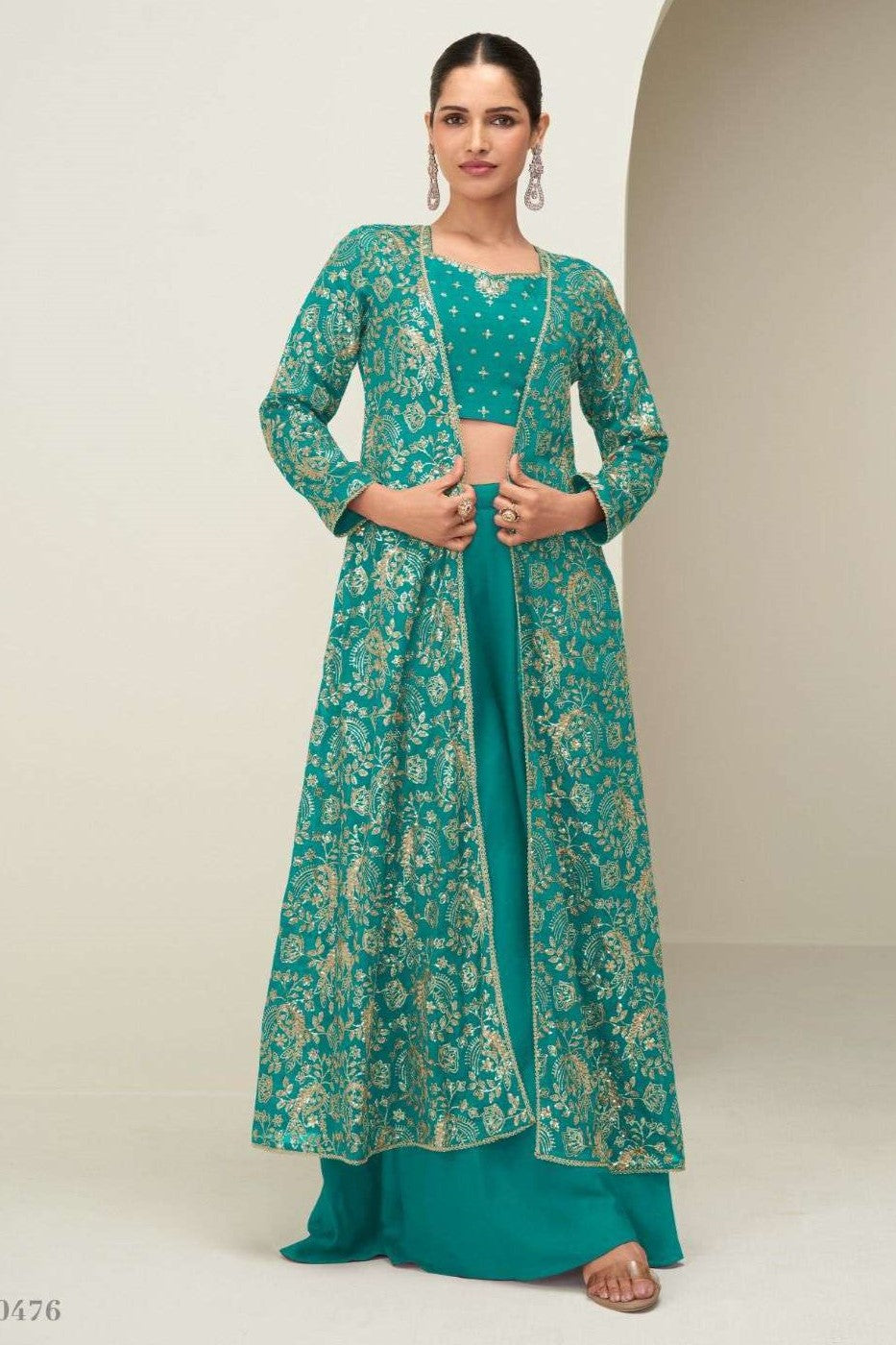 Rama Chinon Silk Crop Top with Jacket and Palazzo Set