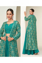 Sea Green Chinon Silk Crop Top with Long Jacket and Palazzo Set