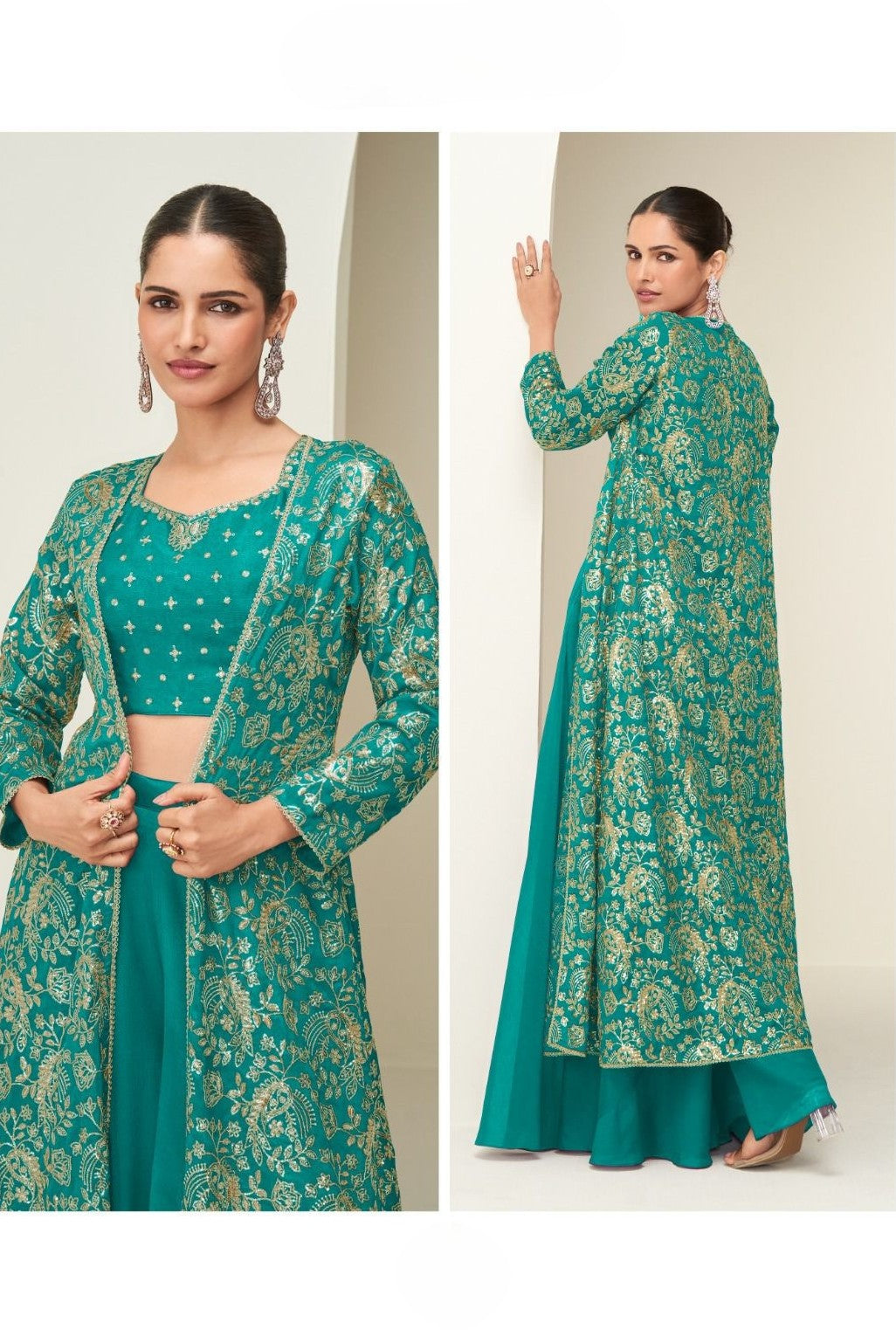 Sea Green Chinon Silk Crop Top with Long Jacket and Palazzo Set