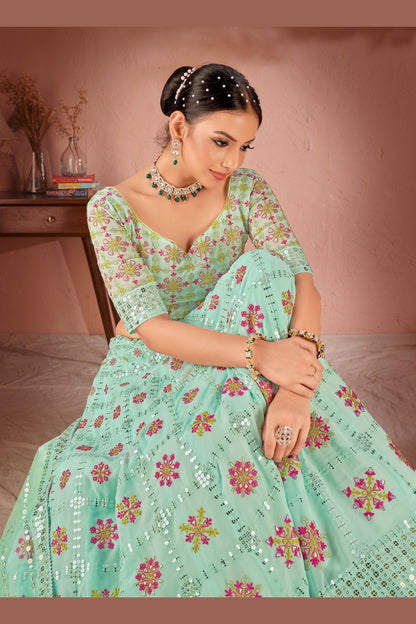 Sea Green Georgette Lehenga Choli For Indian Festivals & Wedding - Thread Embroidery Work, Sequence Embroidery Work