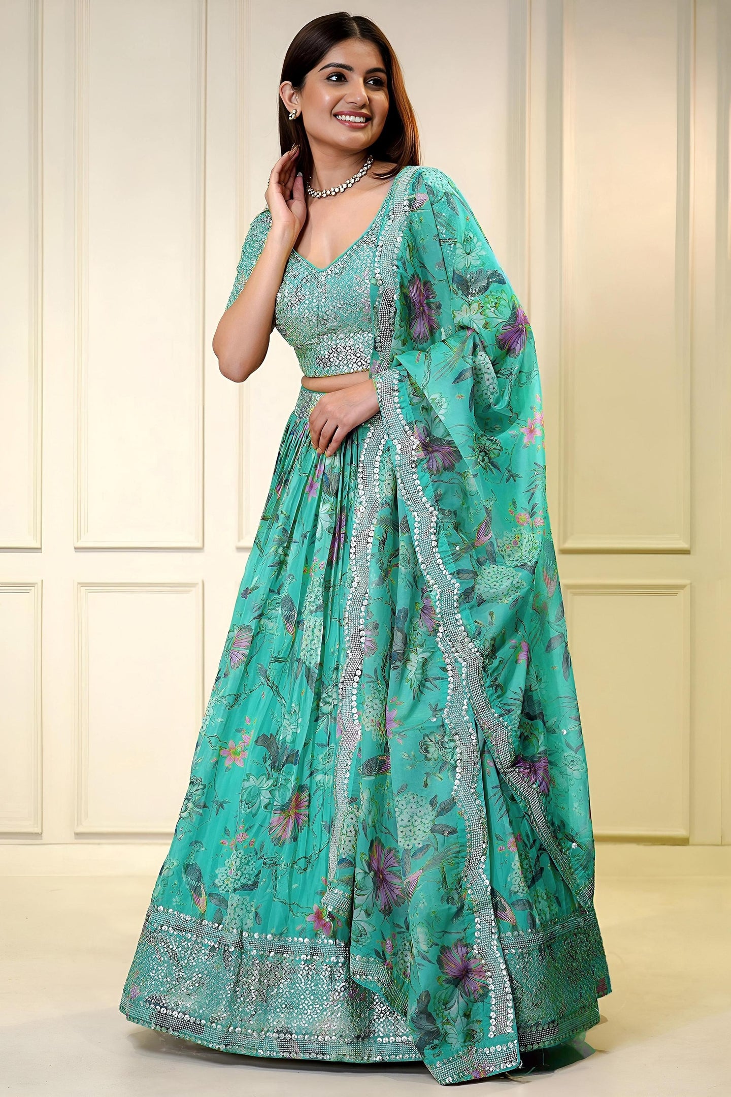 Sea Green Organza Silk Flower Printed Lehenga Choli For Indian & Pakistani Wedding Festival - Sequins & Thread Embroidery Work, Zari Work, Print Work