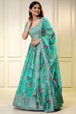 Sea Green Organza Silk Flower Printed Lehenga Choli For Indian & Pakistani Wedding Festival - Sequins & Thread Embroidery Work, Zari Work, Print Work