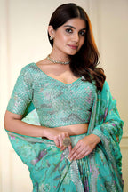 Sea Green Organza Silk Flower Printed Lehenga Choli For Indian & Pakistani Wedding Festival - Sequins & Thread Embroidery Work, Zari Work, Print Work