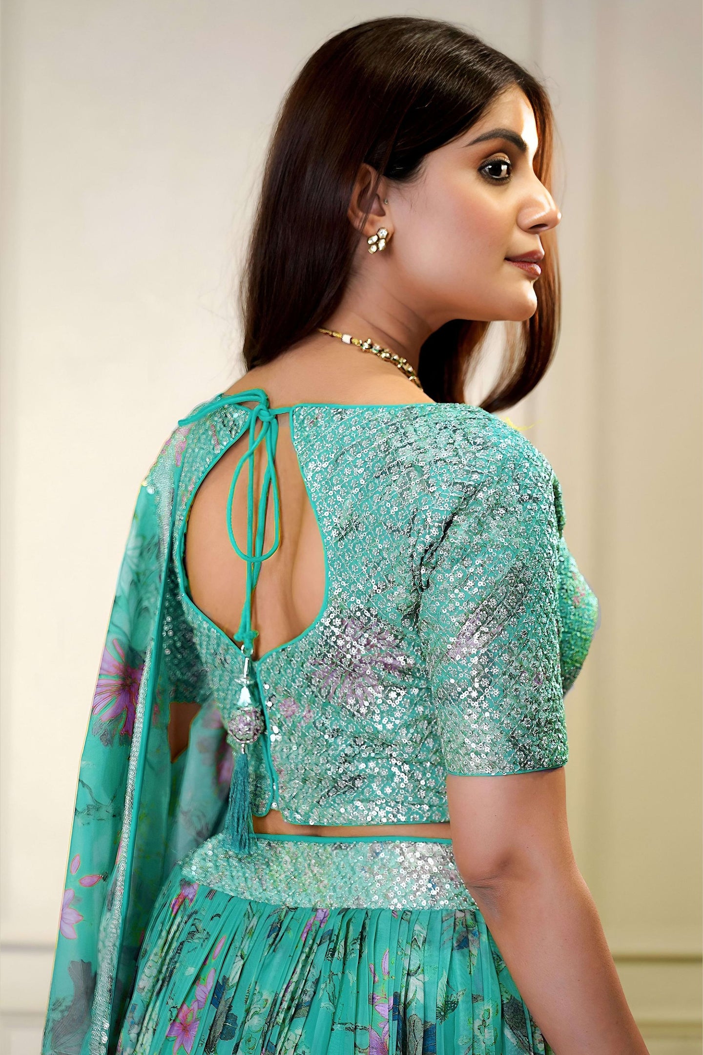 Sea Green Organza Silk Flower Printed Lehenga Choli For Indian & Pakistani Wedding Festival - Sequins & Thread Embroidery Work, Zari Work, Print Work