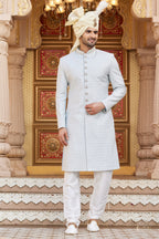 Silver Gray Art Silk Traditional Sherwani Long Kurta & Pant for Men for Wedding - Embroidery Work