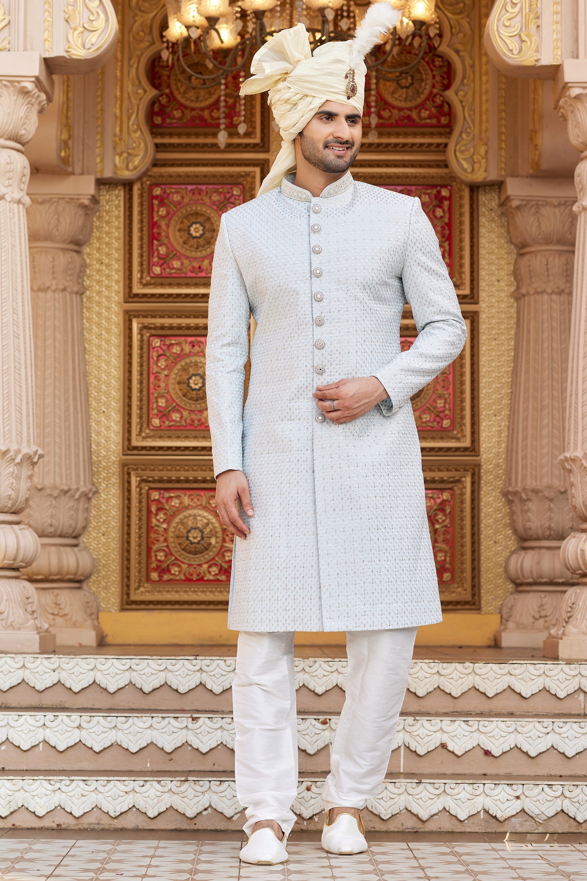Silver Gray Art Silk Traditional Sherwani Long Kurta & Pant for Men for Wedding - Embroidery Work