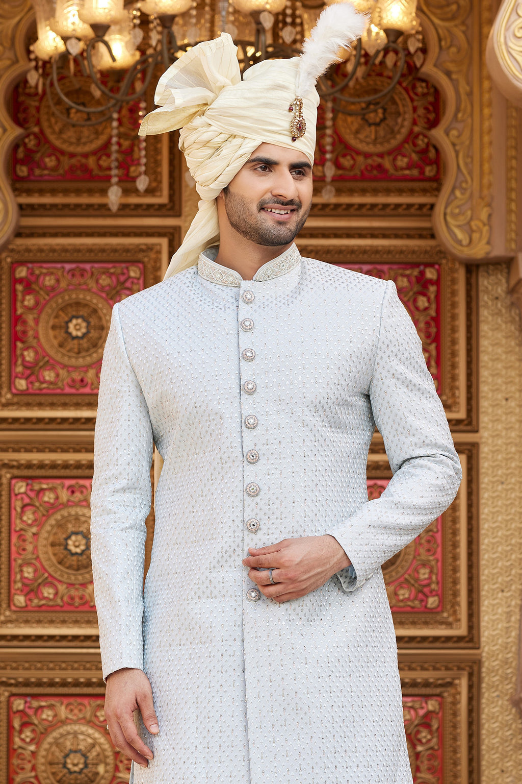 Silver Gray Art Silk Traditional Sherwani Long Kurta & Pant for Men for Wedding - Embroidery Work