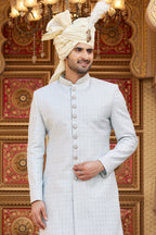Silver Gray Art Silk Traditional Sherwani Long Kurta & Pant for Men for Wedding - Embroidery Work